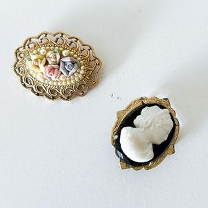 Vintage Brooch Bundle- Lady Bust Brooch and Rosettes Brooch